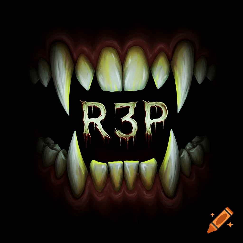 Scary monster or vampire teeth with dripping green text 'R3P' on a dark background.