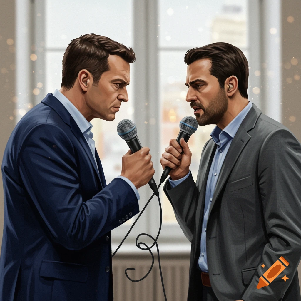 Two men in suits debating with microphones.