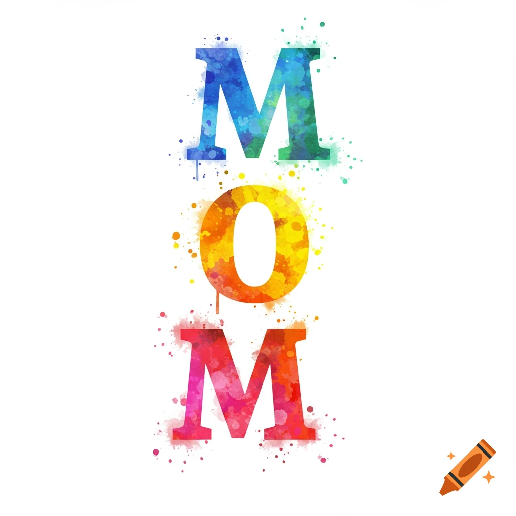 The word MOM arranged vertically in colorful watercolor letters with splatter effects.