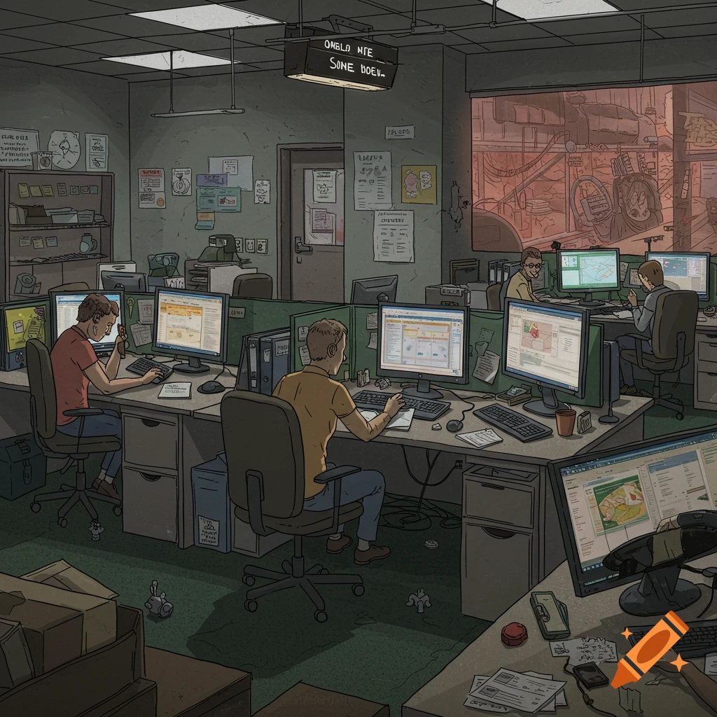 Illustration of a gloomy office with people working at computers.
