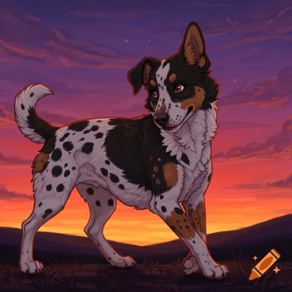 A spotted black, brown, and white dog stands in a landscape at sunset.