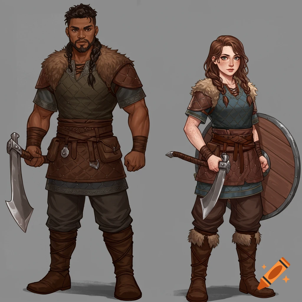 A male and female character wearing viking armor and holding weapons.
