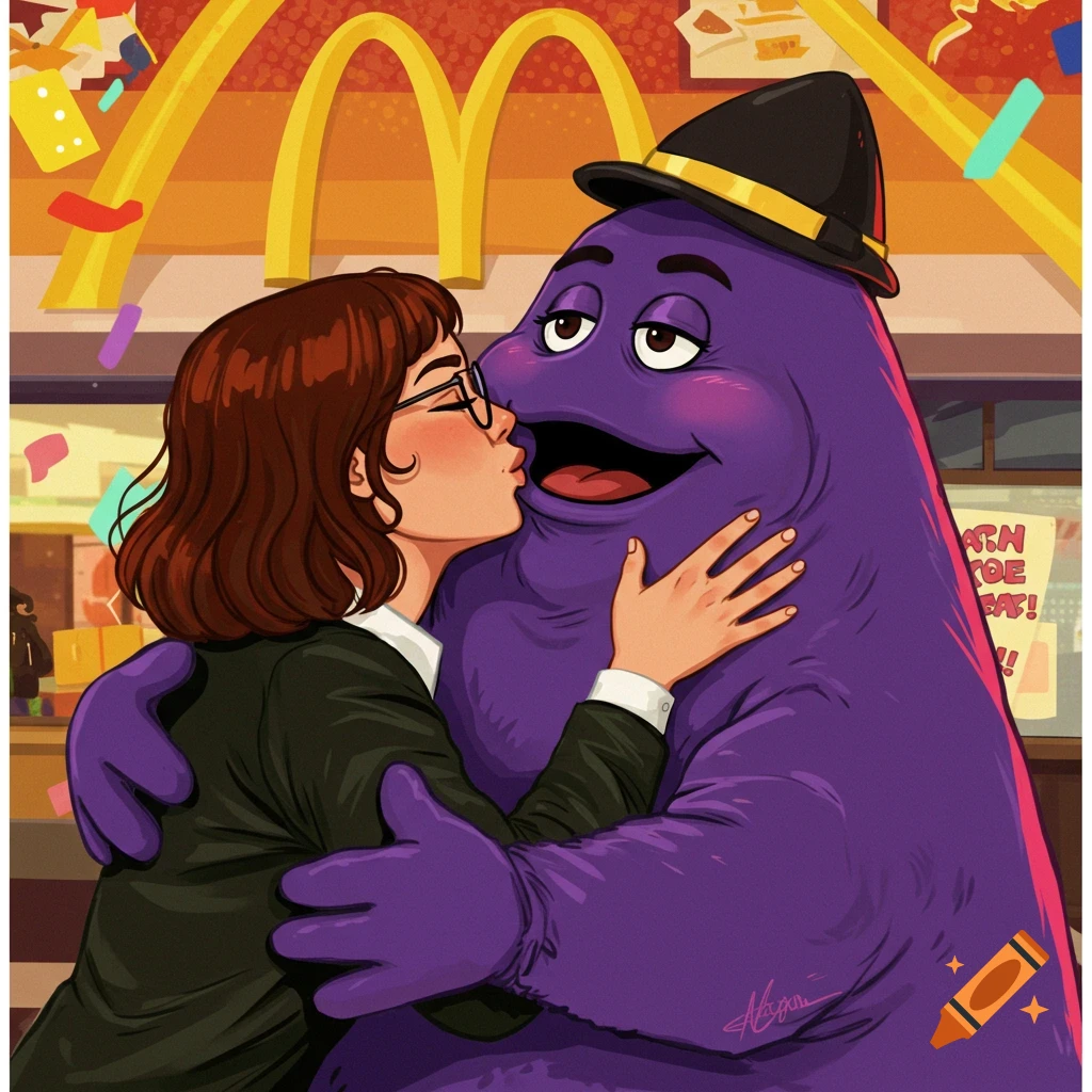 A woman with glasses is kissing Grimace the McDonald's mascot.