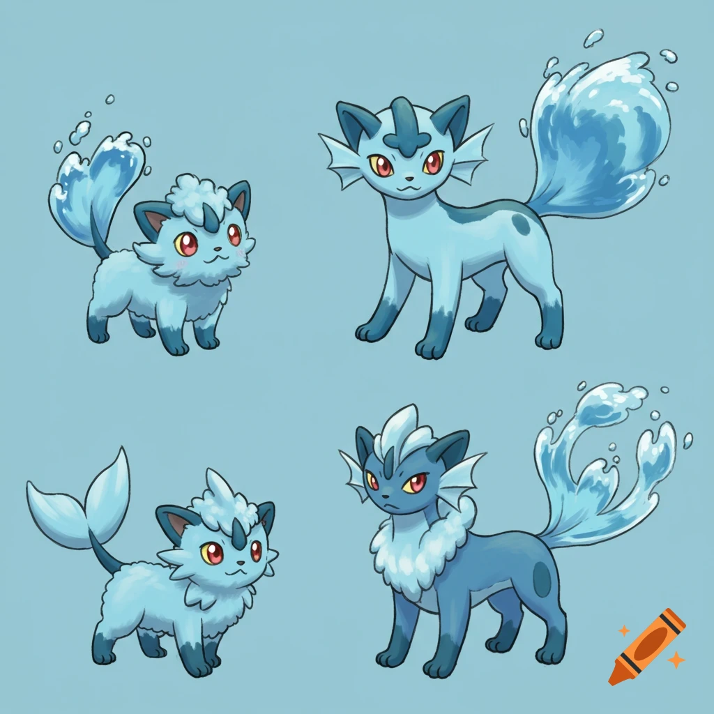 Four blue stylized water-cat creatures in different sizes and forms on a blue background.