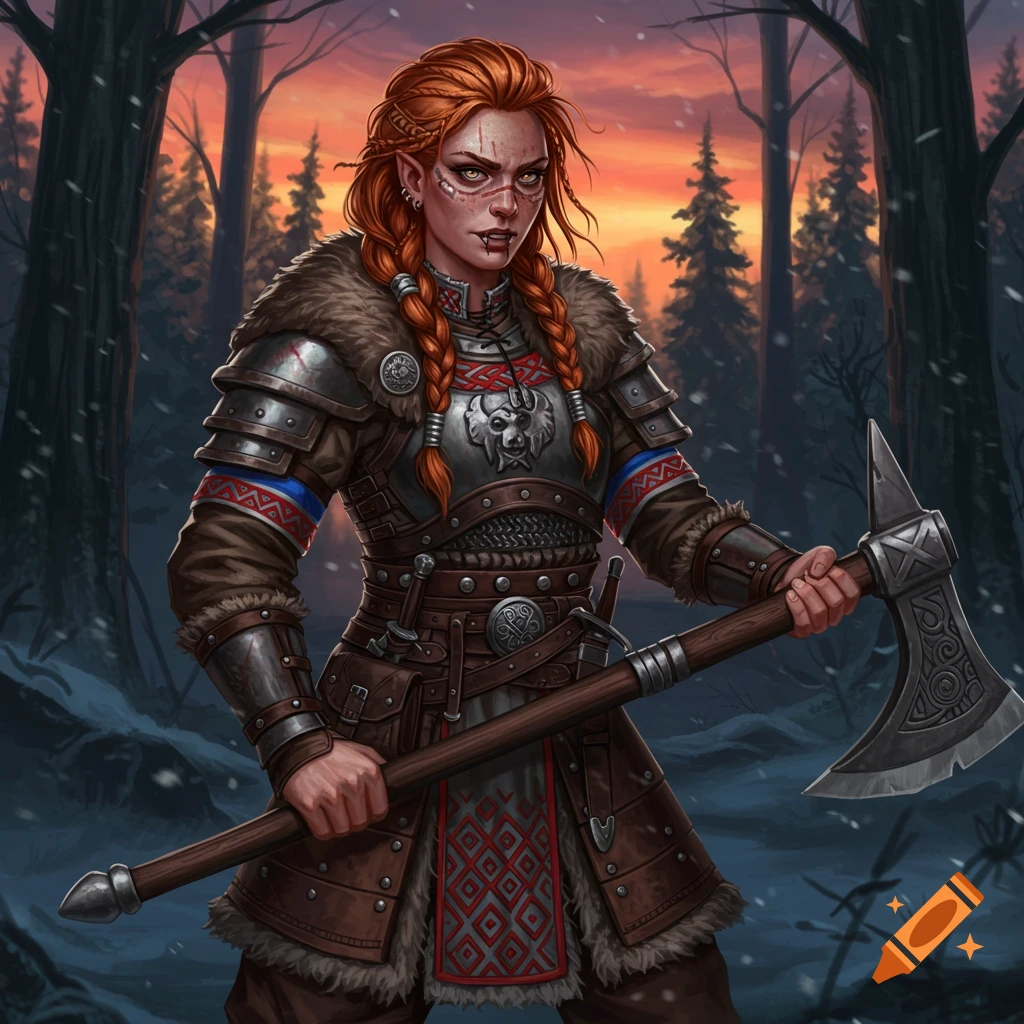 Female warrior with red braided hair and scars, in armor, holding an axe in a snowy forest setting