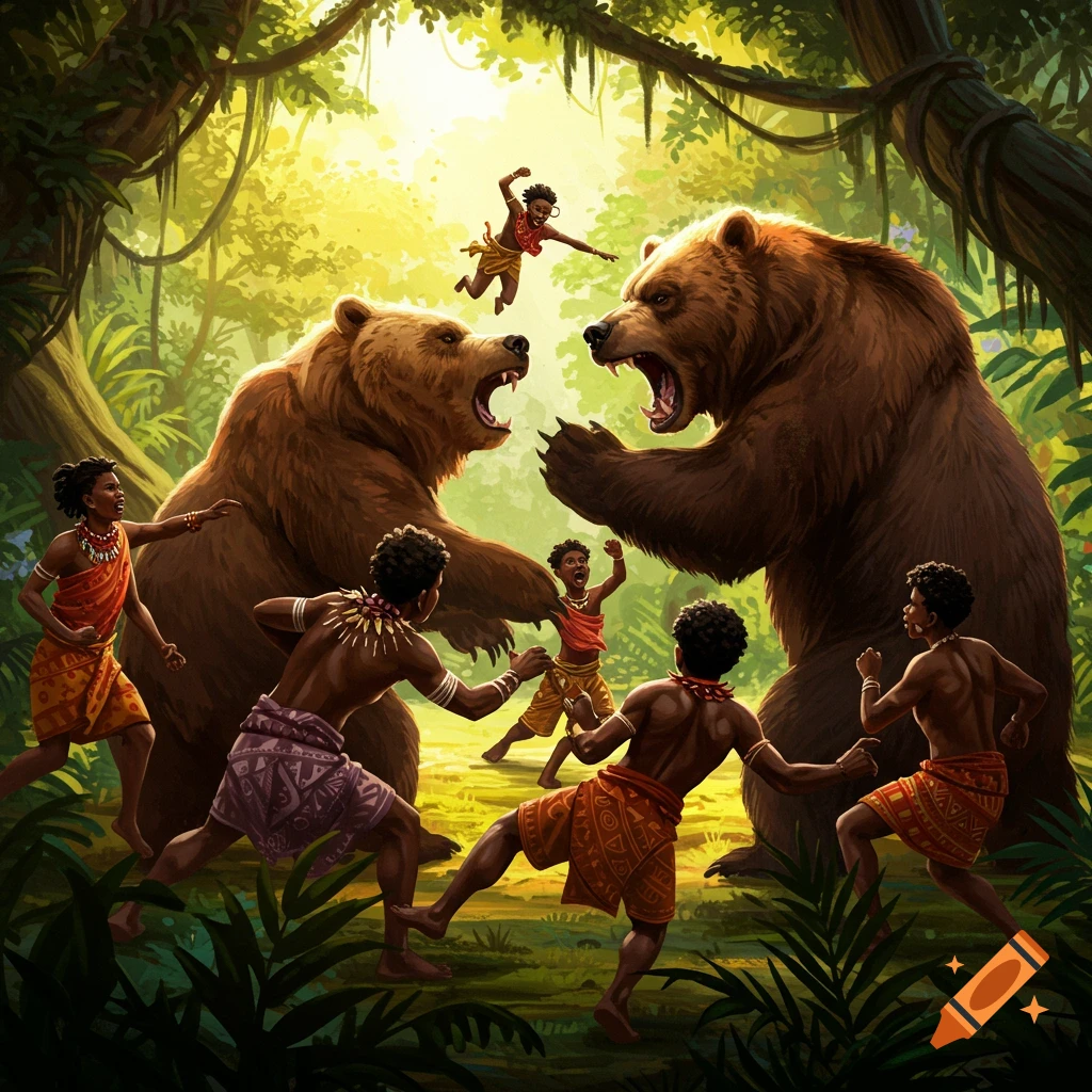Black people fighting bears in a jungle.