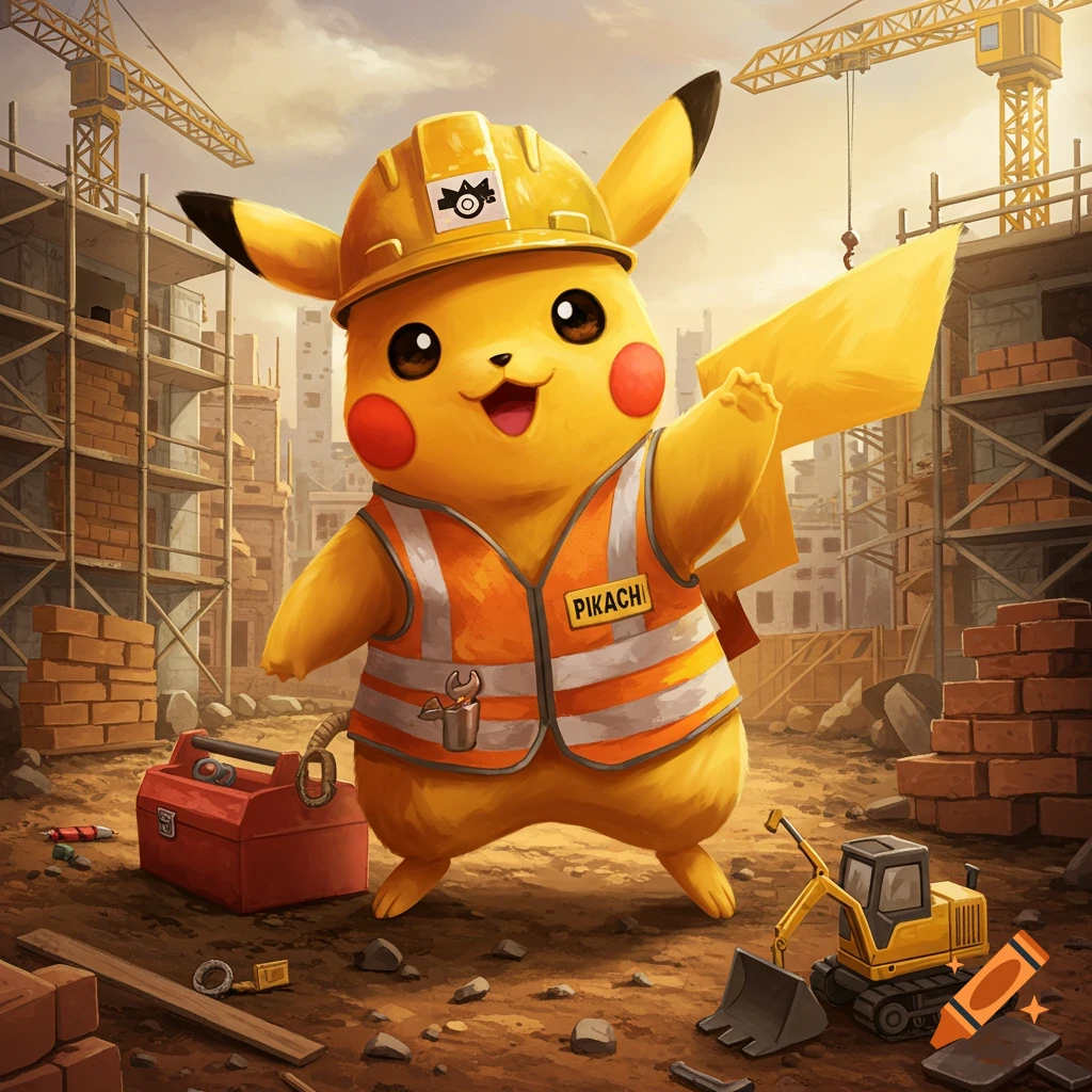 Pikachu in a construction hard hat and safety vest stands on a construction site.