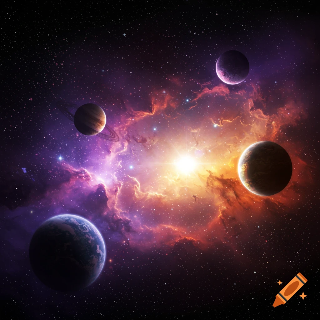 Colorful image of planets orbiting in a nebula filled with stars.