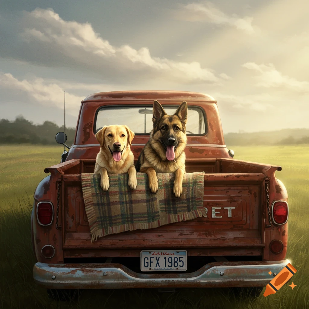 A yellow Lab and a German Shepherd are sitting in the back of an old truck in a field.