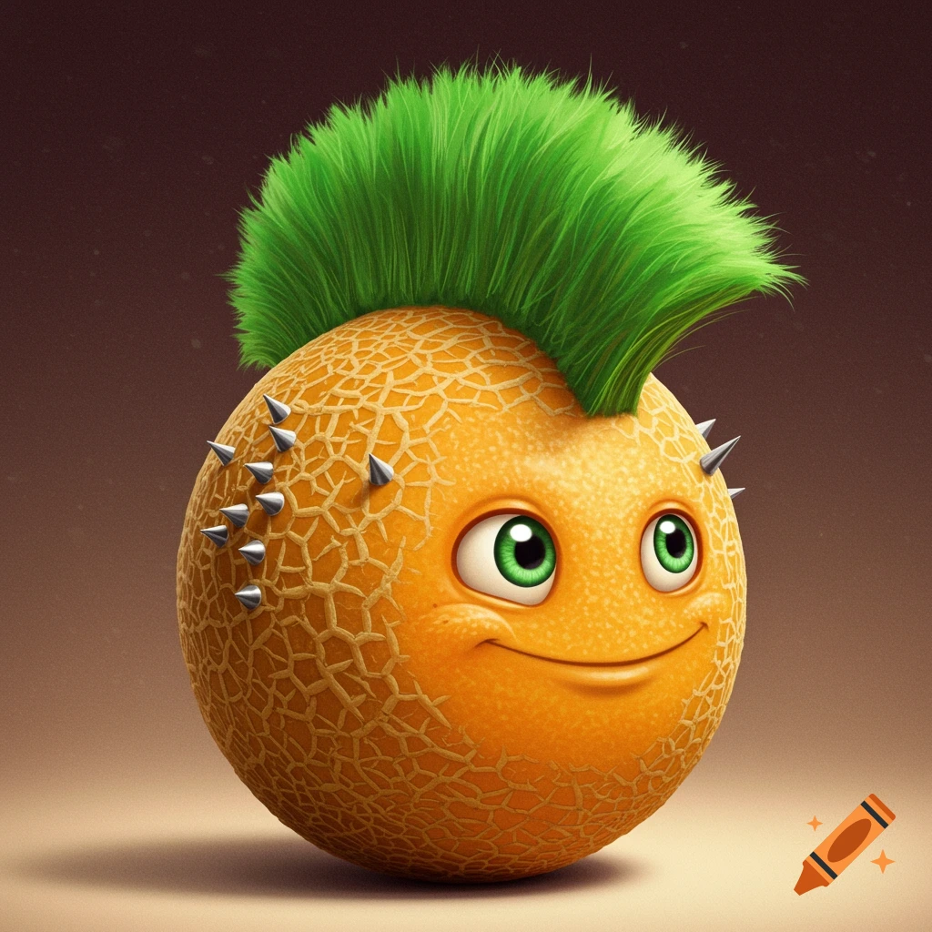 Cartoon melon character with a bright green punk mohawk and small metal spikes.
