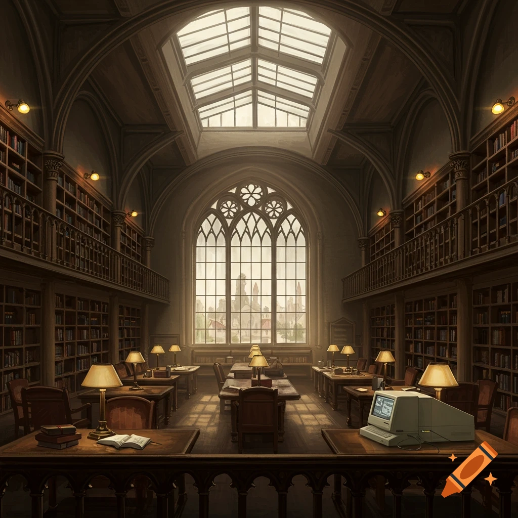 A grand, gothic university library interior with high ceilings, a skylight, a large window, bookshelves, tables, and an old computer.