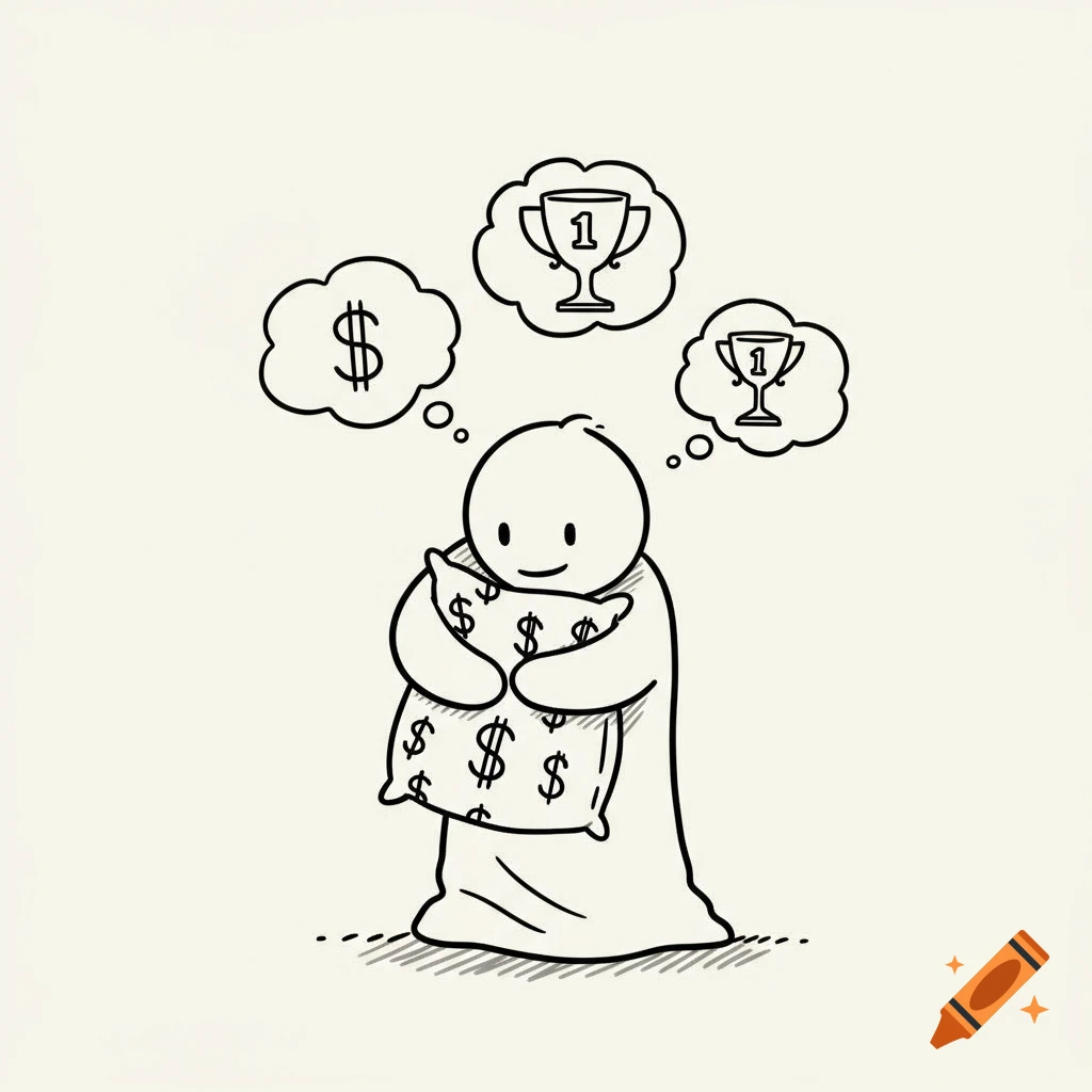 Minimalist line art drawing of a stick figure hugging a money pillow and dreaming of money and trophies.