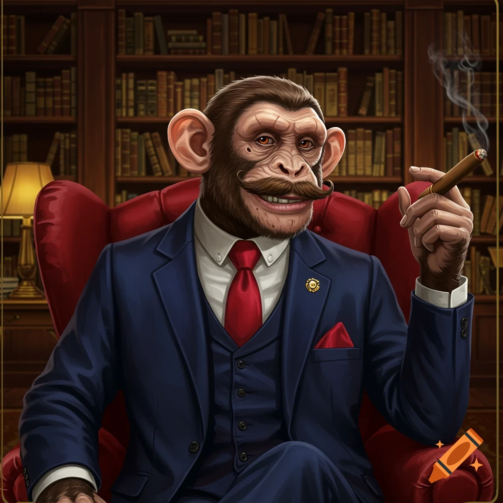 A monkey in a suit sits in a library chair, smoking a cigar.