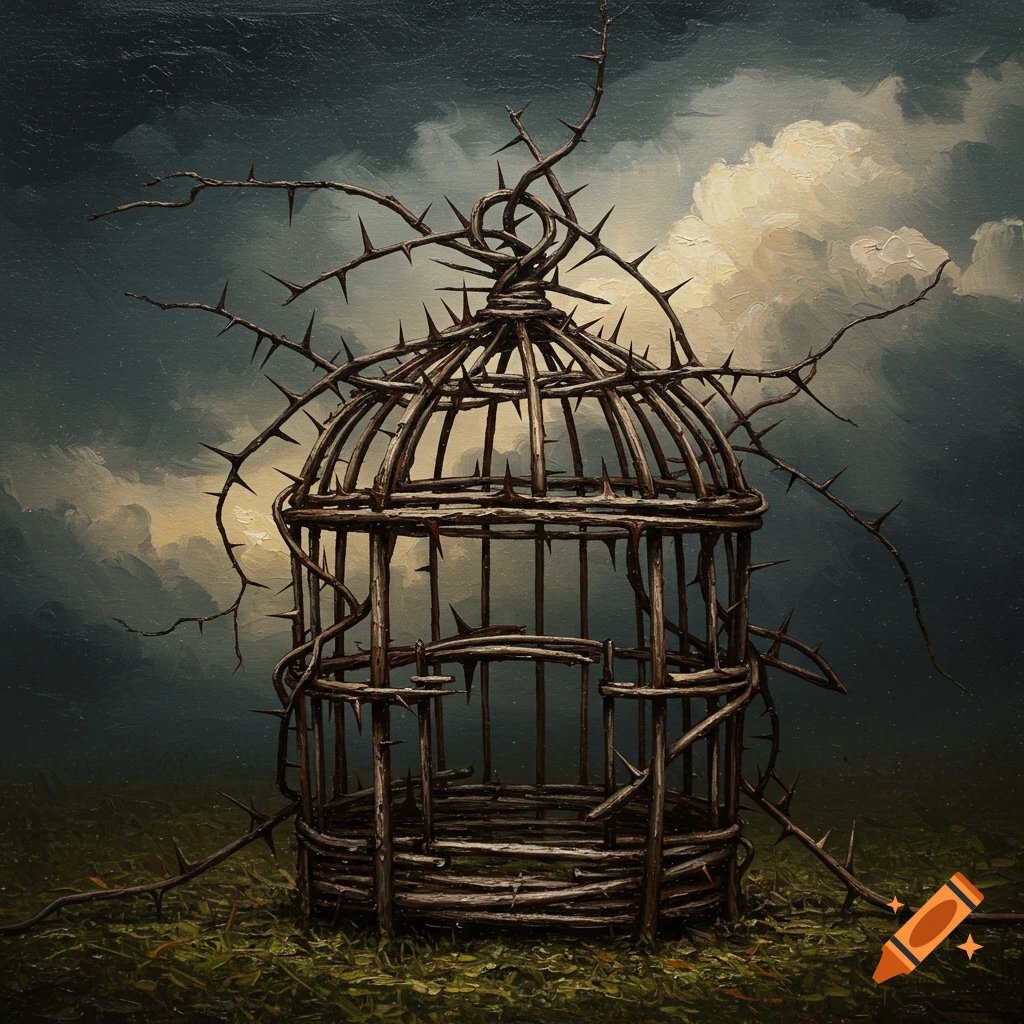 A thorny bird cage sits in a field under a stormy sky, in an oil painting style.