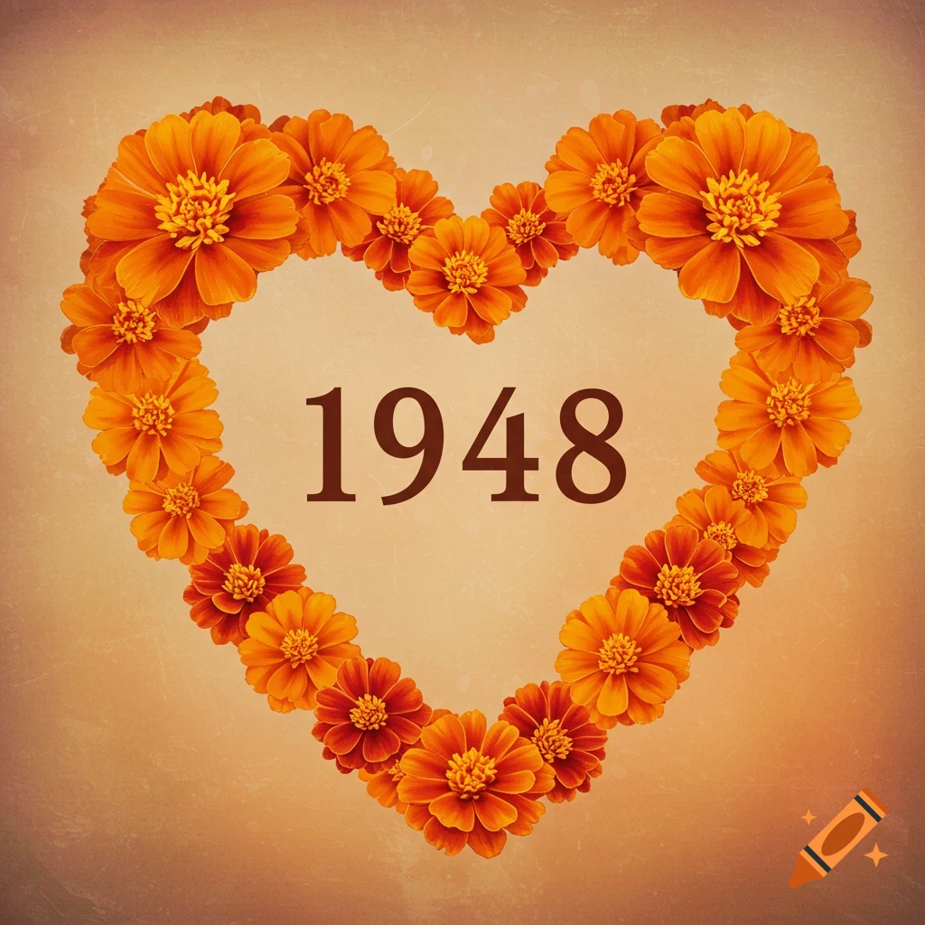 Heart shape made of orange flowers with the number 1948 in the center.