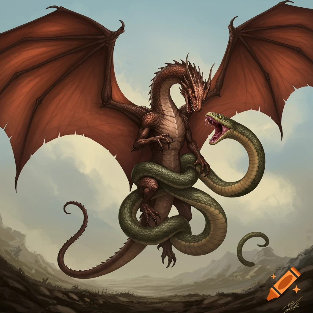 A red dragon fighting a green snake in the sky.