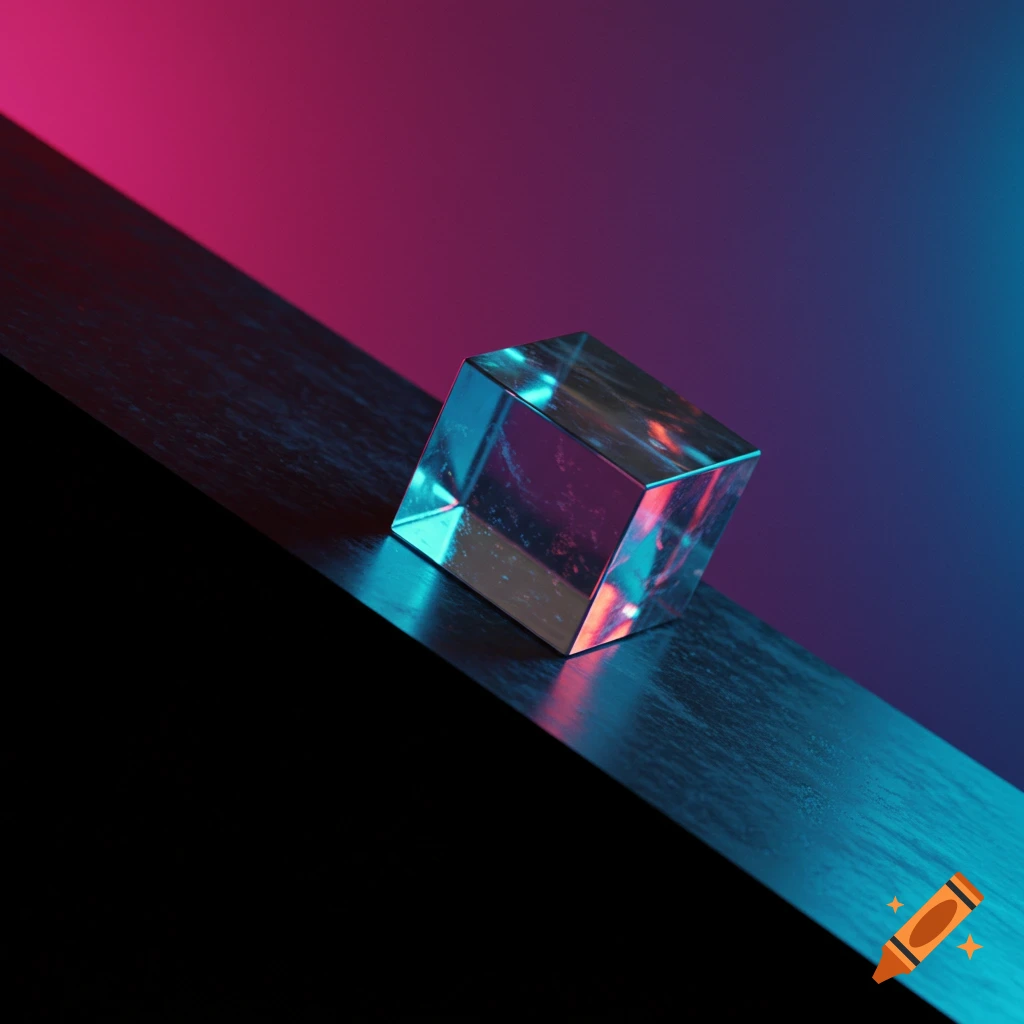 A clear glass cube sits on an incline with a pink and blue neon gradient background.