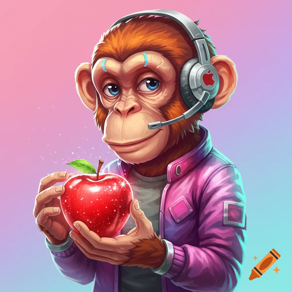A cartoon monkey wearing headphones holds a sparkling red apple.