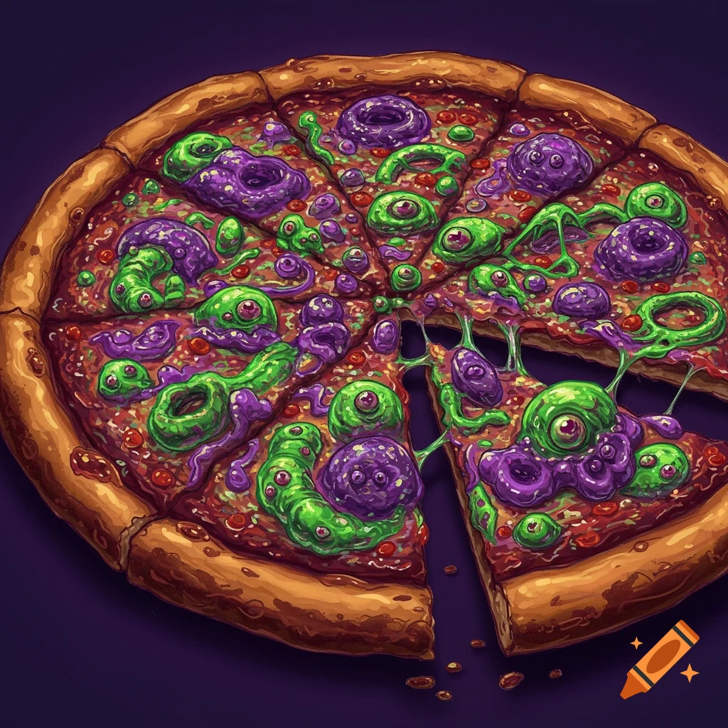 A creepy pizza is shown with green eyeballs and purple worm-like shapes as toppings on a dark background.