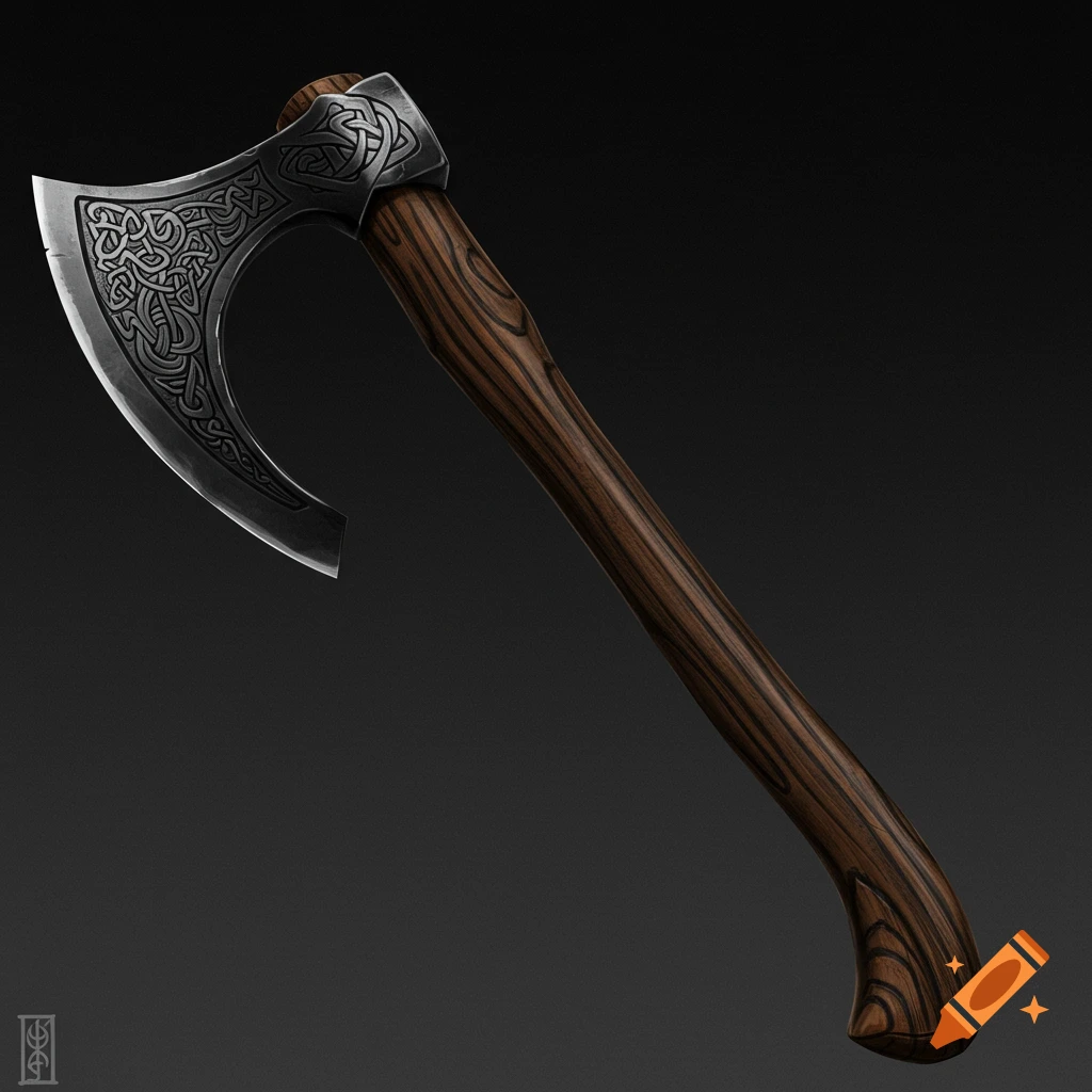 A Viking handaxe with intricate metal carvings and a wooden handle.