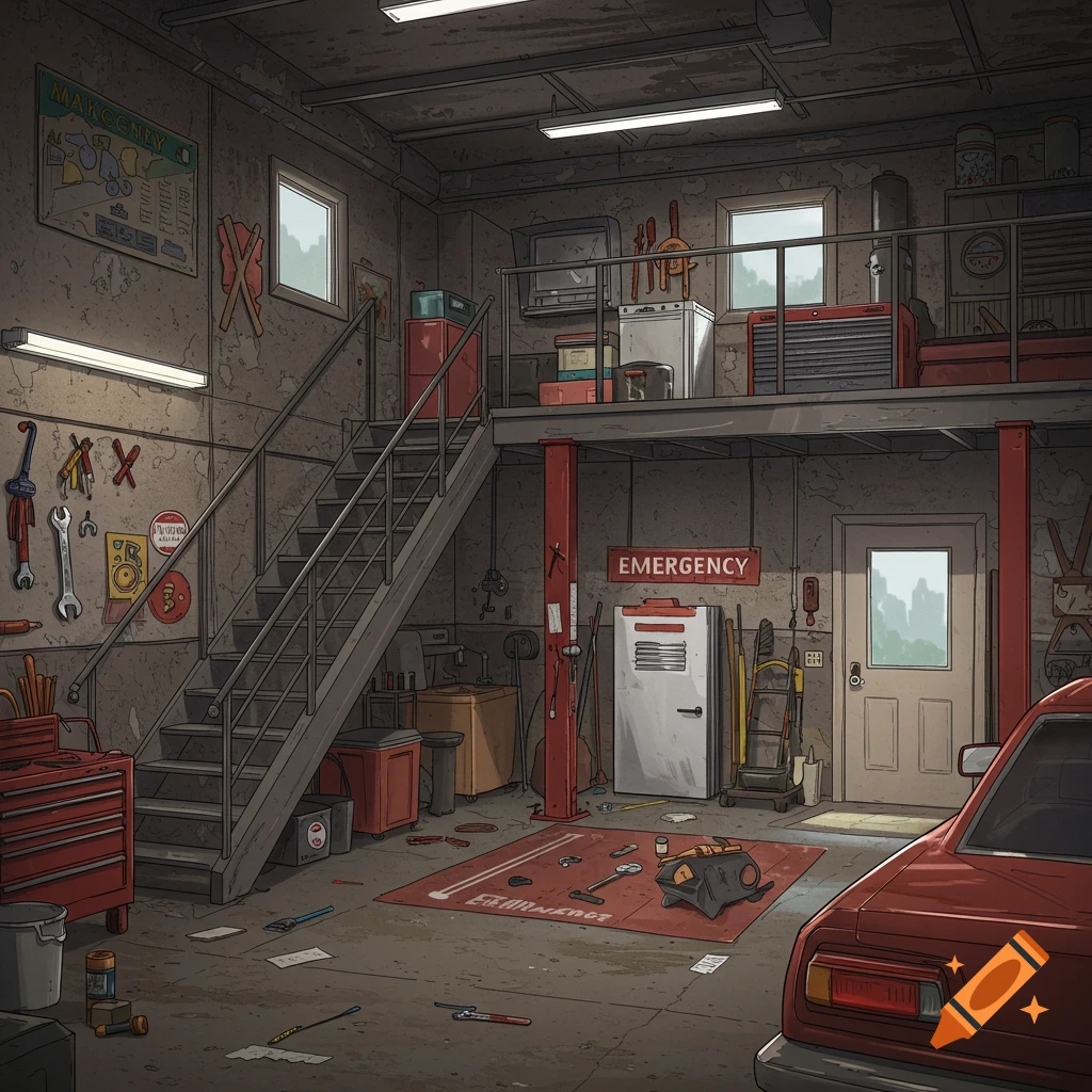 Digital illustration of a cluttered garage interior with tools, staircase, mezzanine, and red car.