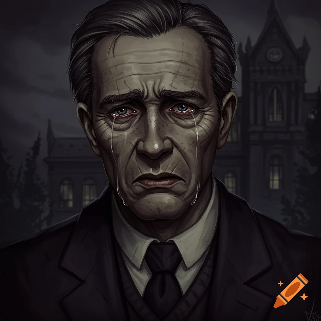 A stern-looking man is crying in front of a dark building.