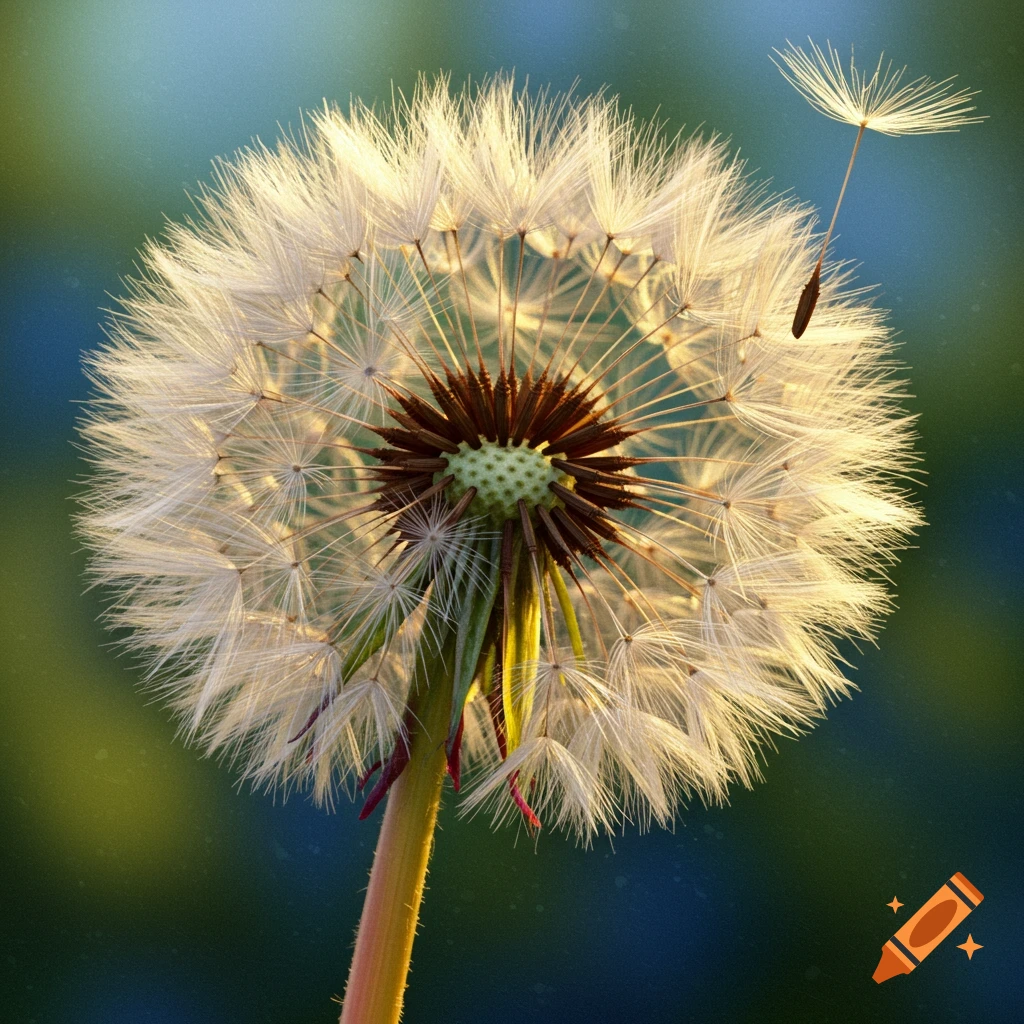 Close-up of a dandelion clock with a seed blowing away.