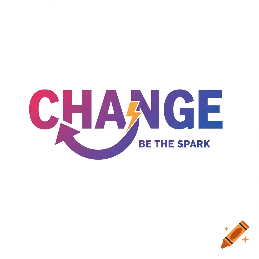 Logo for CHANGE BE THE SPARK with gradient text, arrow, and lightning bolt.