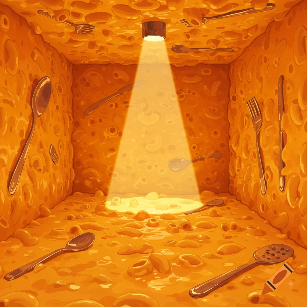A room made of mac and cheese with utensils stuck in the walls, lit by a spotlight.