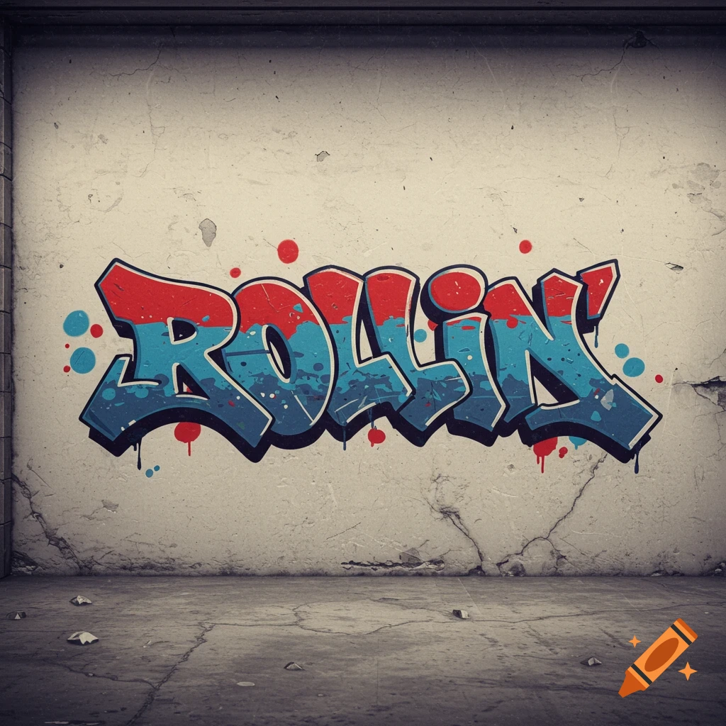 Graffiti art reading "ROLLIN" in red and blue on a cracked concrete wall