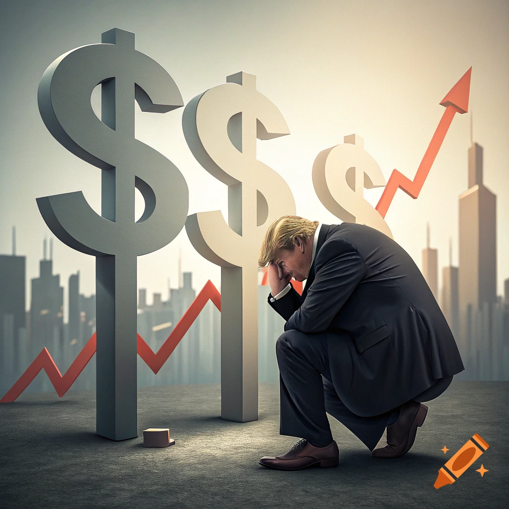 A figure resembling Donald Trump kneels beside large dollar signs and a rising graph line, with a city skyline in the background.