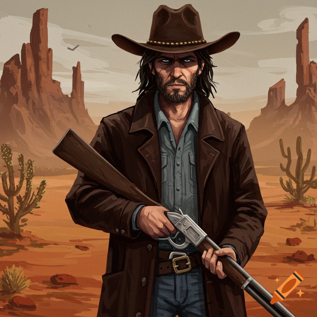 A mysterious cowboy holds a rifle in a desert landscape.