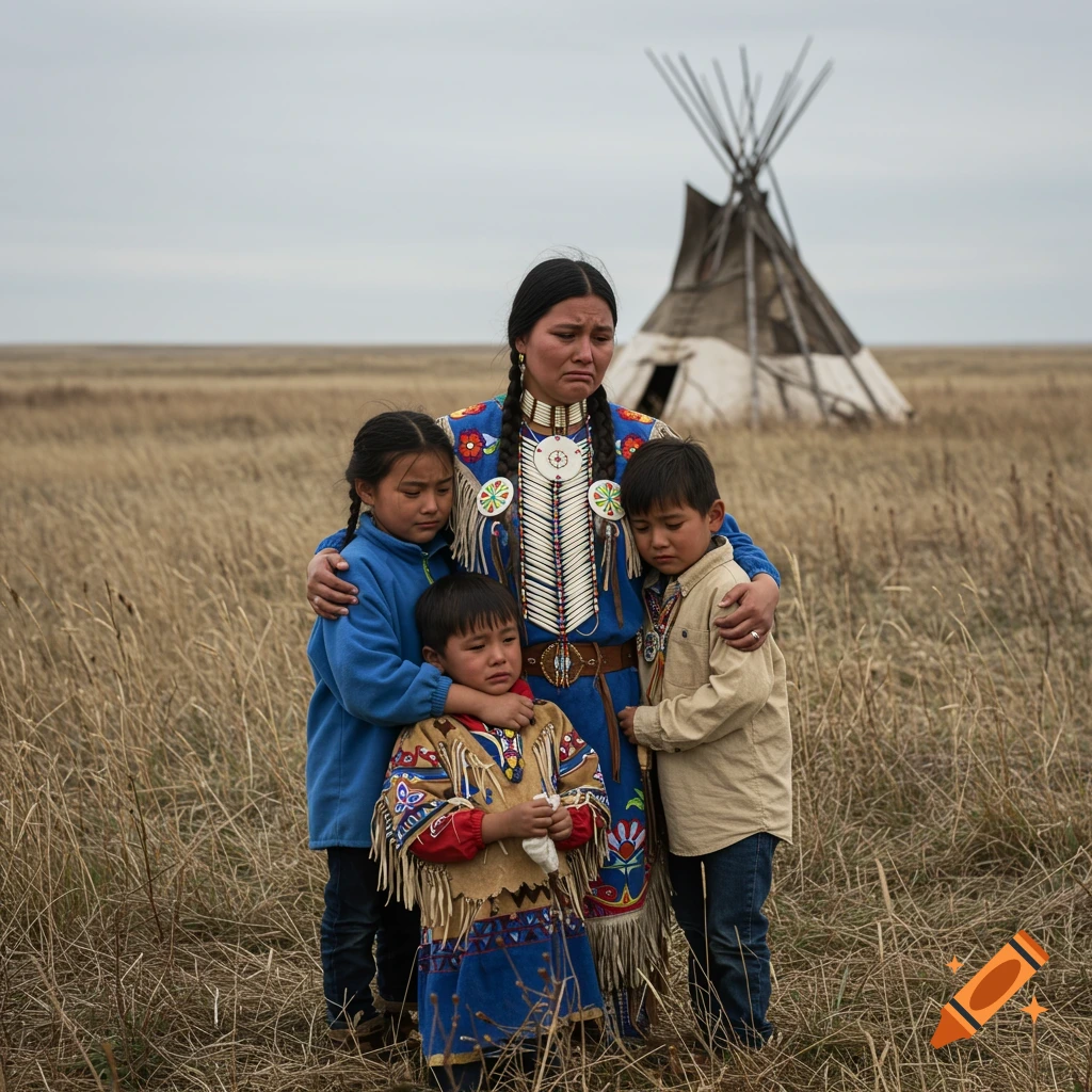 A Lakota mother hugs her grieving children in a prairie with a teepee.