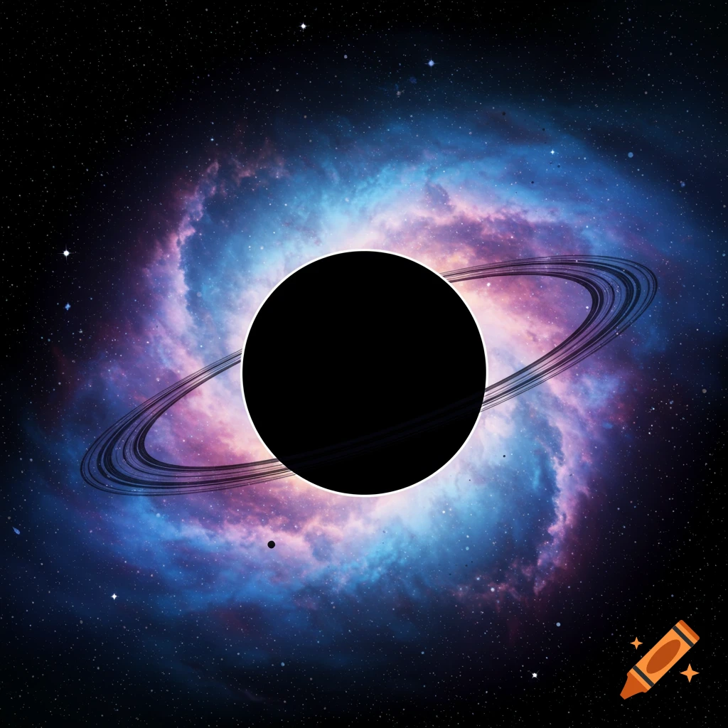A black sphere with rings in front of a colorful spiral galaxy background, digital art.