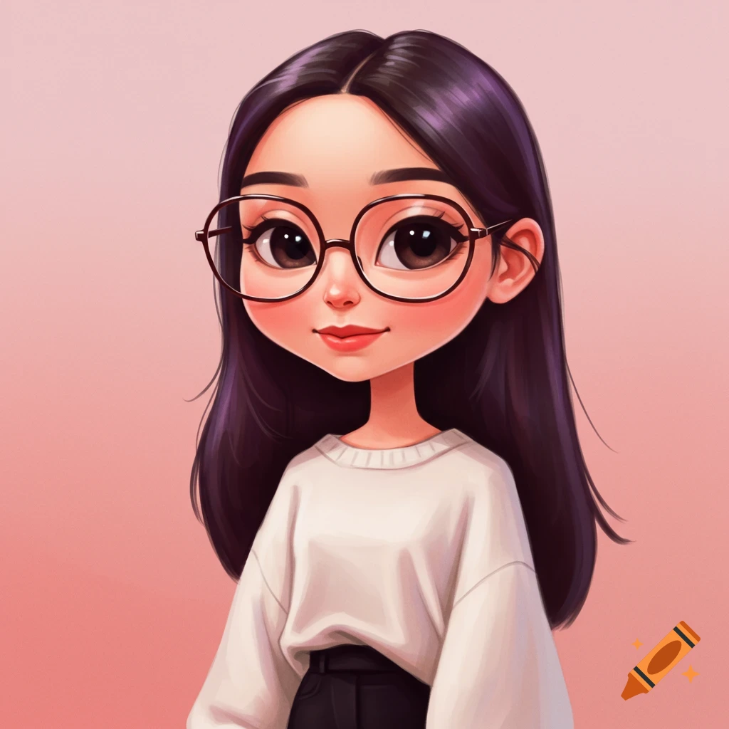 Digital portrait illustration of a girl with long dark hair and glasses wearing a white sweater.