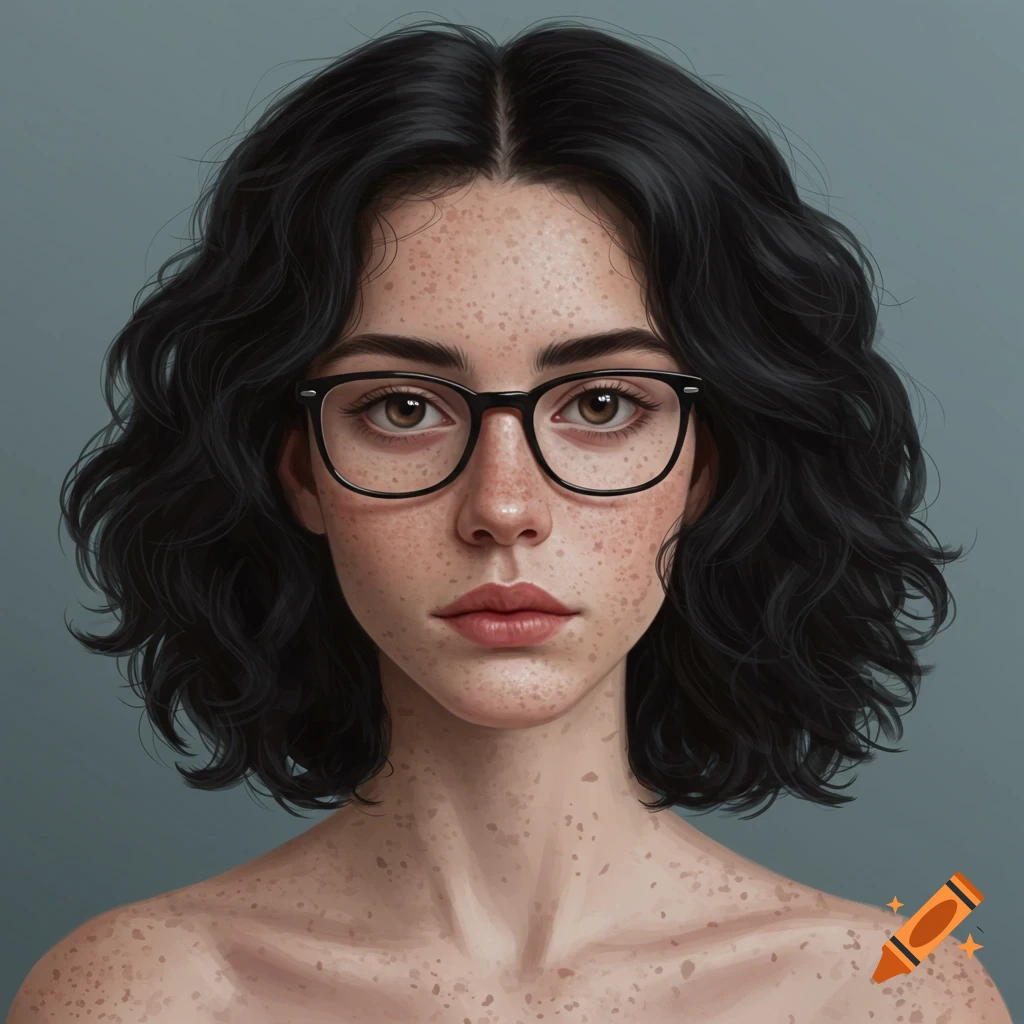 A portrait of a woman with black wavy hair, freckles, and glasses.