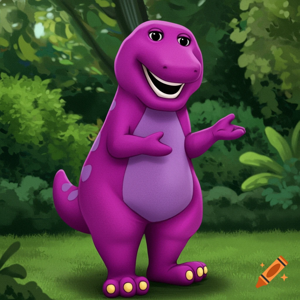 A vibrant purple Barney the Dinosaur smiles in a lush green forest.