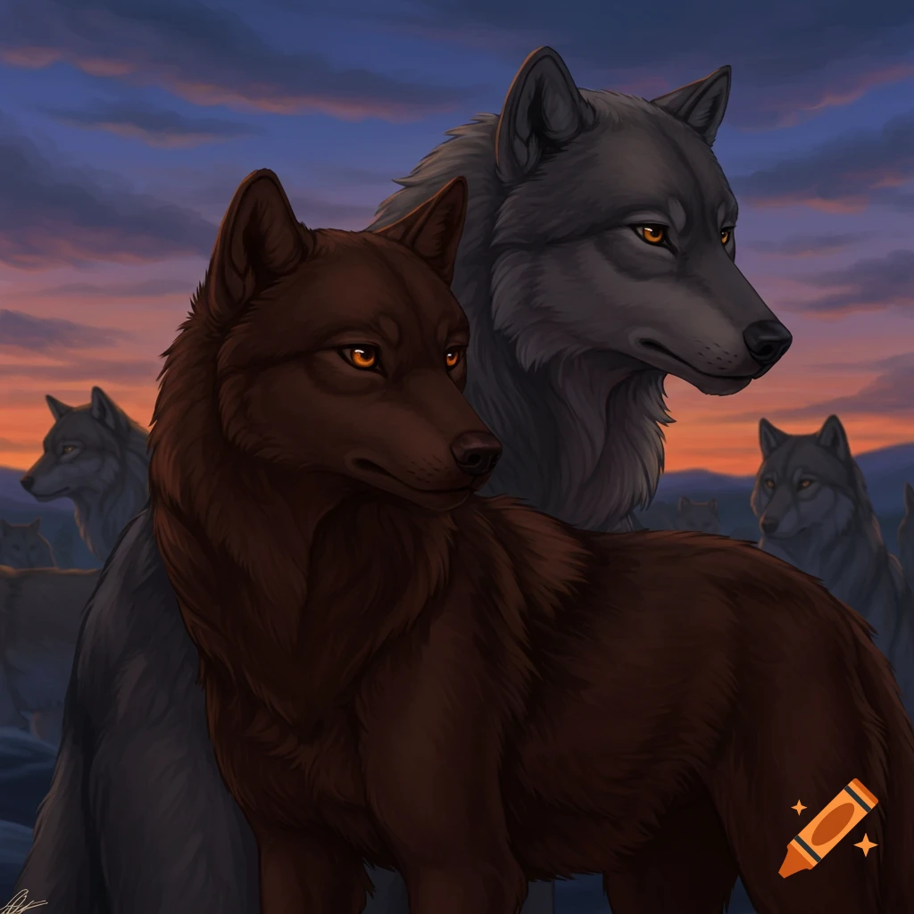 Two wolves, one brown and one grey, are with others in a pack against a sunset sky.