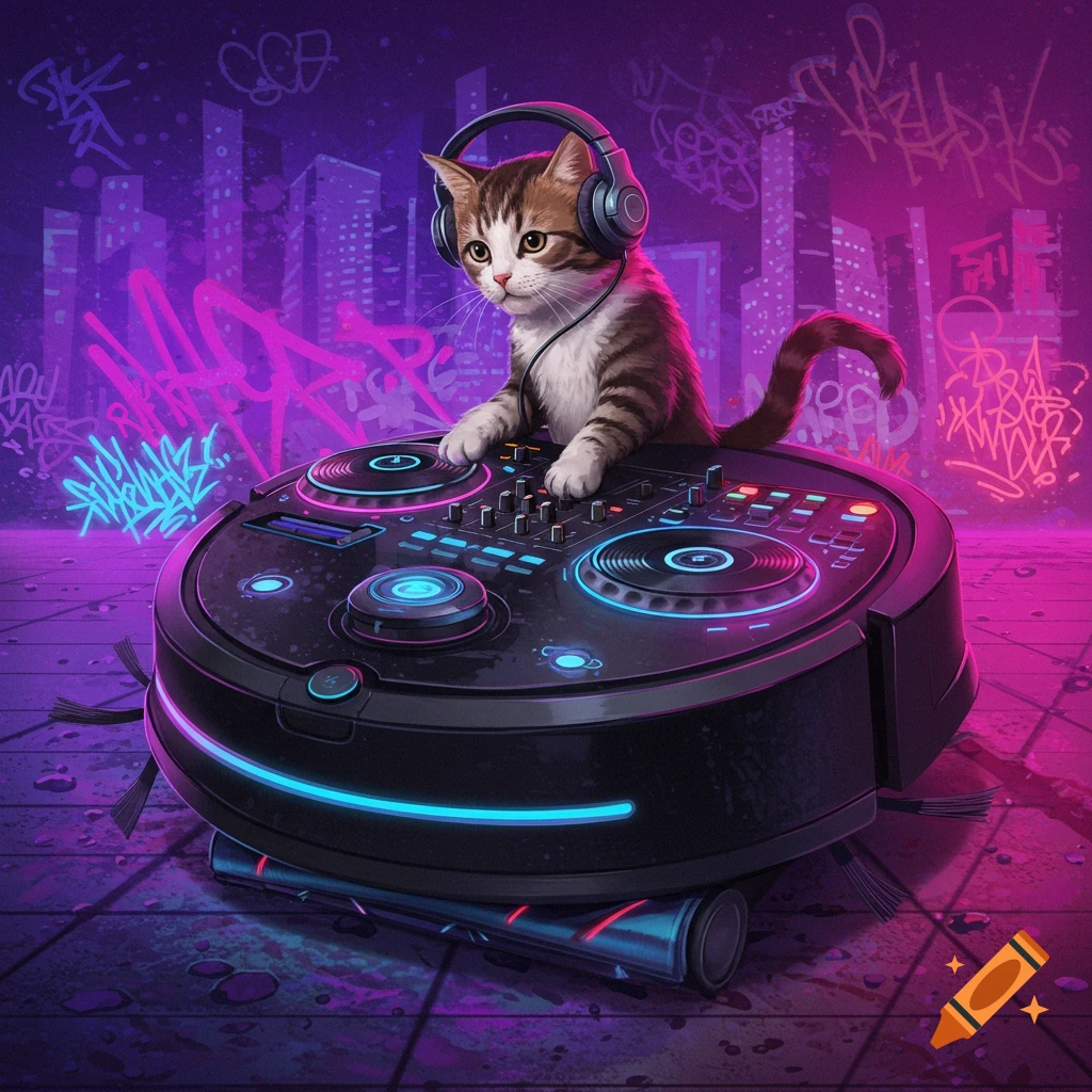 A tabby cat with headphones DJing on a robot vacuum cleaner in a neon city.