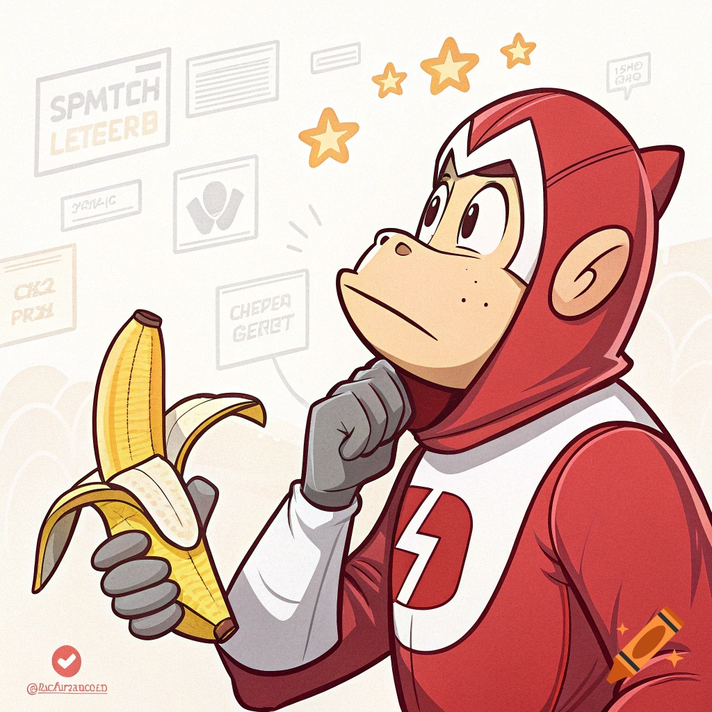 Cartoon monkey superhero holding a peeled banana and thinking.