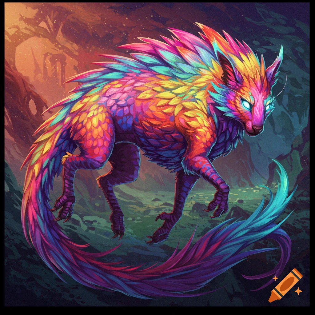 Vibrant, rainbow-colored fantasy creature in a forest. Digital art.