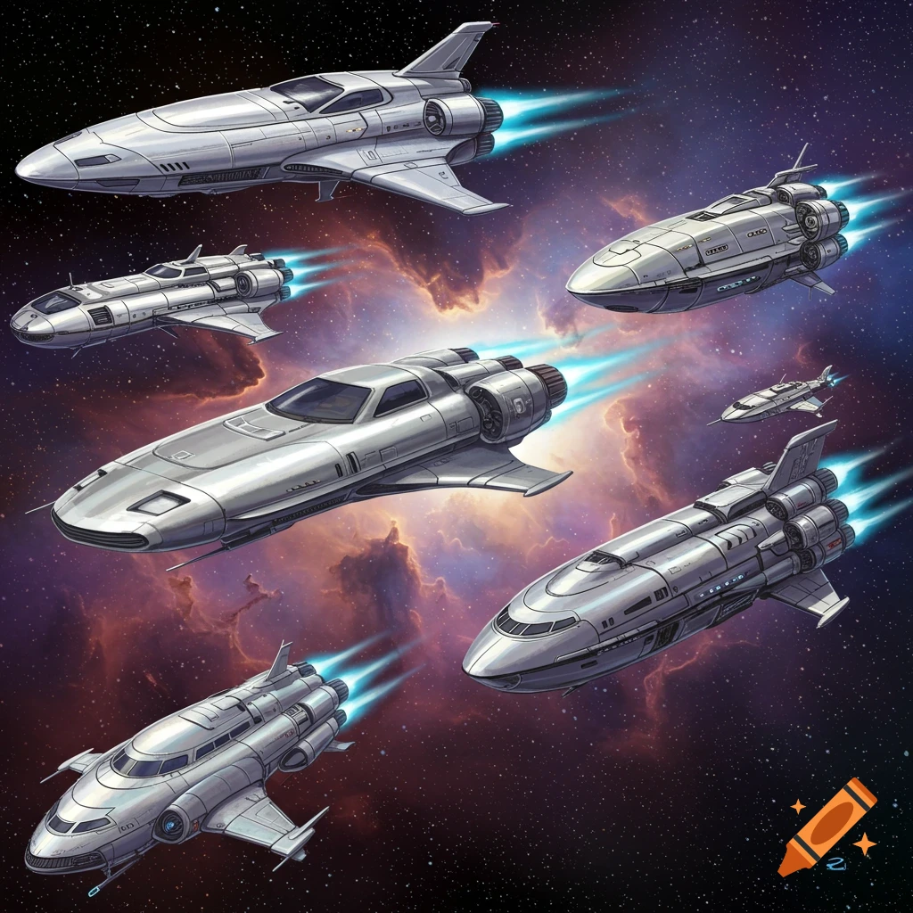 Futuristic silver spaceships flying in space with a nebula