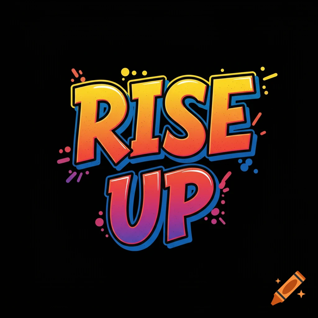 Stylized text that says RISE UP in colorful font