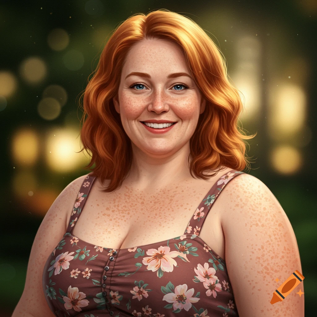 A smiling woman with red hair and freckles wearing a floral dress.