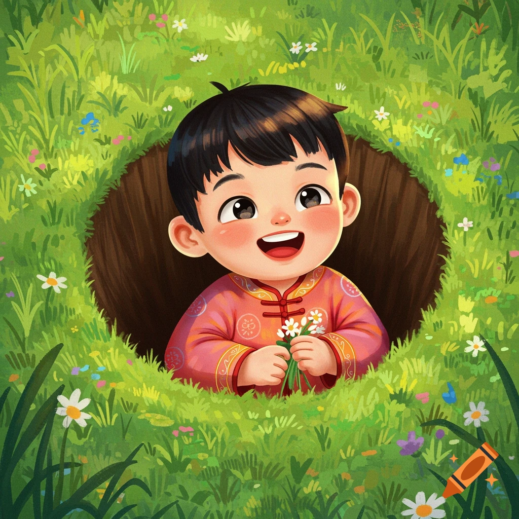 Illustrative painting of a joyful young boy in a traditional Chinese outfit peaking out of a hole in a grassy field with wildflowers.