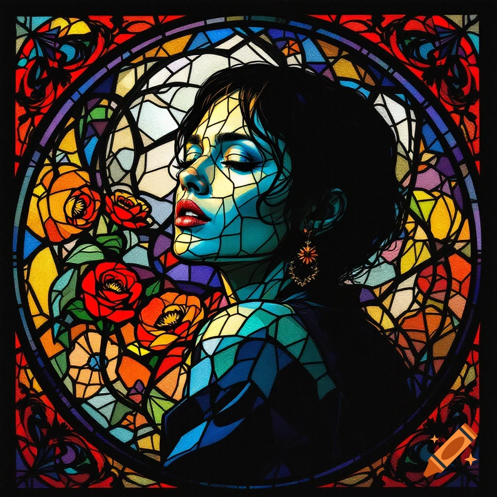 Stained glass portrait of a woman's profile with flowers