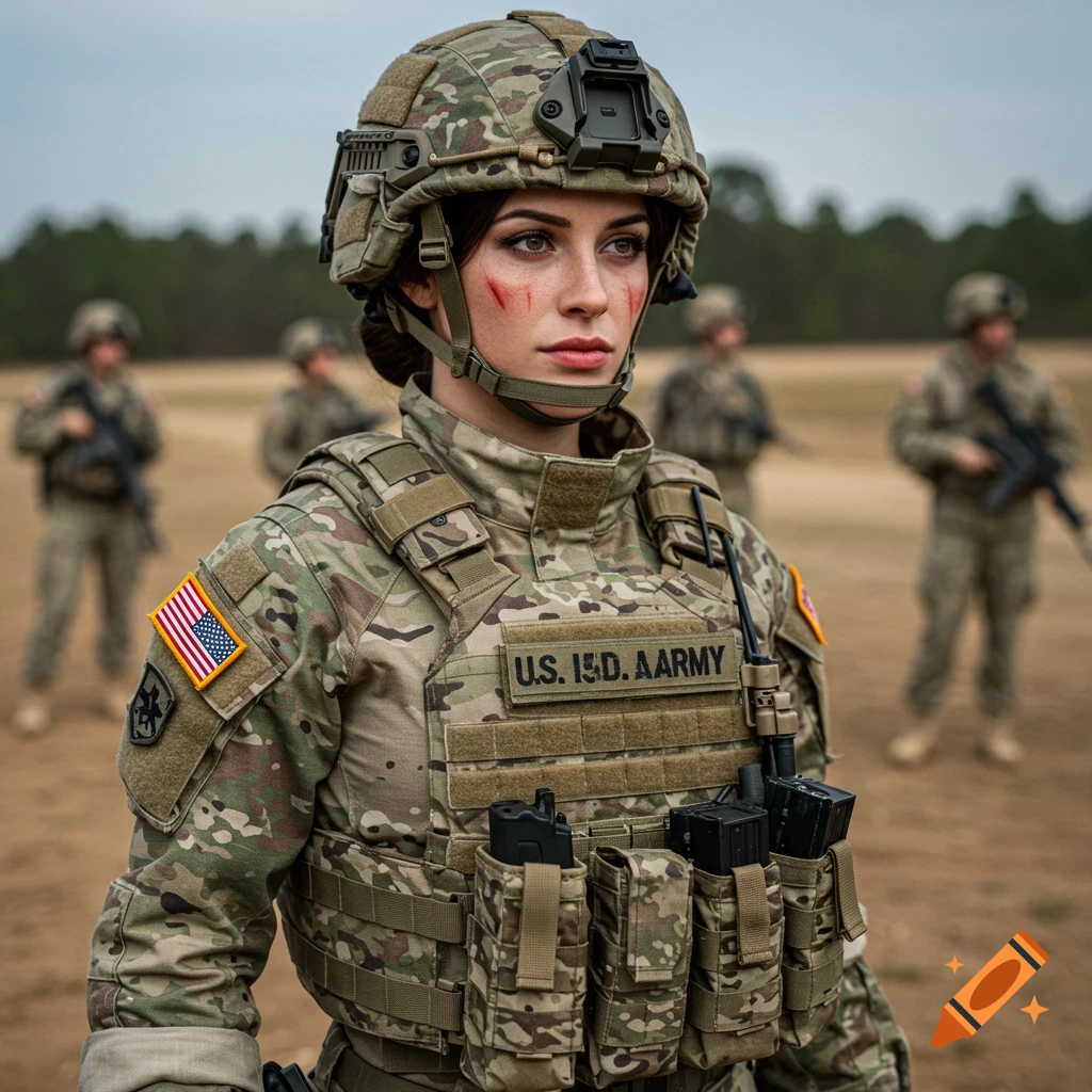 Photorealistic portrait of a female US soldier in uniform standing in a field with other soldiers in the background.