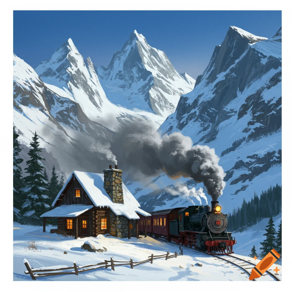 A steam train passes a snowy mountain cabin in a valley.