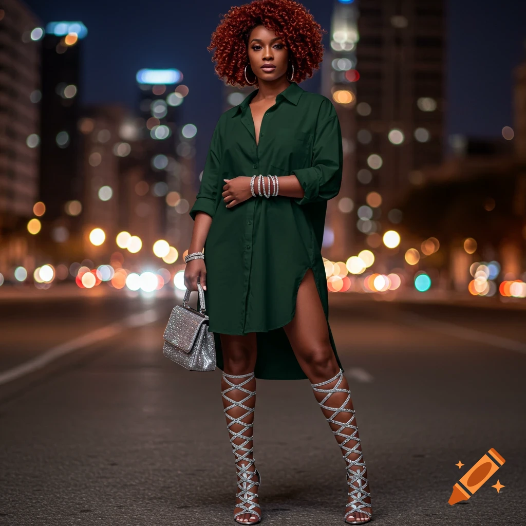 Full body photo of a woman in green dress, sparkling gladiator sandals, and bag on a city street at night with bokeh.