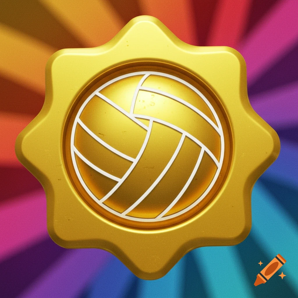 A golden star-shaped object with a volleyball pattern sits on a colorful radial background.